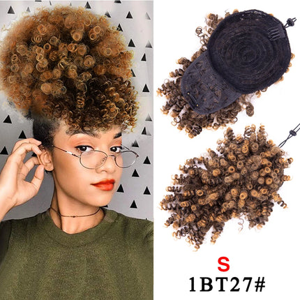 Leeons New Synthetic Afro Kinky Curly Hair Bangs Puff Hair Bun Drawstring Ponytails Clip On Hair Extension Updo Pineapple Fringe