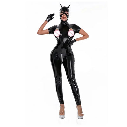 Sexy Hot Cat Woman Wetlook Faux Leather Catsuit PVC Latex Bodysuit Crotchless Breast Zipper Stretch Latex Jumpsuits