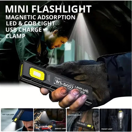 Mini Thin EDC Flashlight with Tail Magnet USB C Rechargeable COB Worklight with Pen Clip for Outdoor Camping Fishling