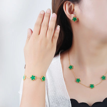 Gold Plated Lucky Stainless Steel Five Leaf Flower 3PCS Jewelry Set Bracelet Necklace Earrings for Women Party Jewelry Clover