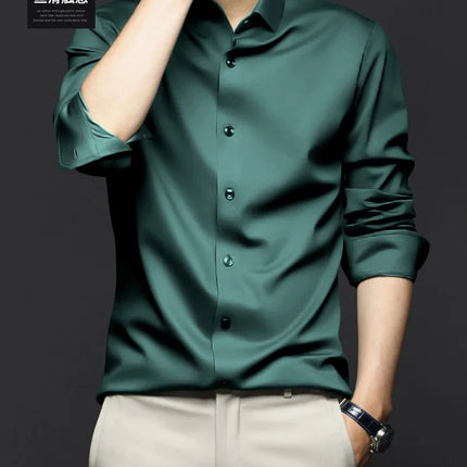 6XL Men Shirt Long Sleeve Slim Fit Luxury Smooth Soft Anti-wrinkle Non-ironing Solid Color Ice Silk Shirts Men Long Sleeve