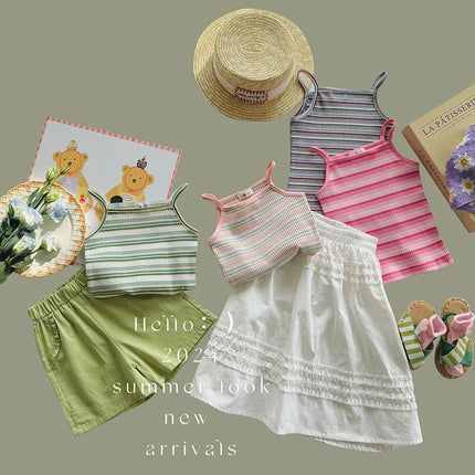 2024 Summer Girls 2-8 Years Casual Stripe Suspender Kids Cotton Sleeveless Shirts