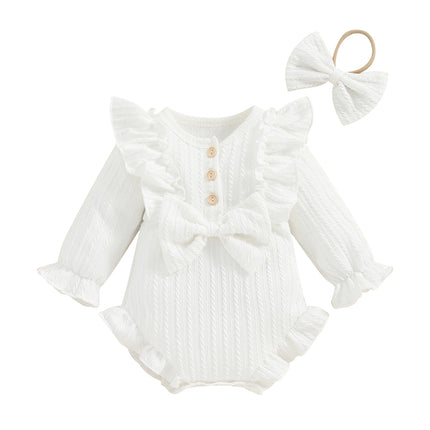 Pudcoco Infant Newborn Baby Girls Autumn Ruffle Romper Long Sleeve Crew Neck Button Up Romper with Headband 0-12M
