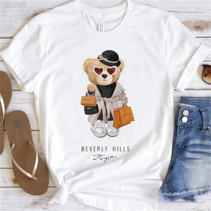 Women's Cute Bear Graphic T-shirt Short-Sleeved Clothes Women's Print T-shirt Summer 90s Fashion Style Women's Fashion T-shirt