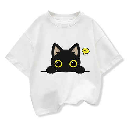 Original Design Summer Kids Clothing Short Sleeve tee t shirt Cute Black Cat Graphic Tee Tops Boys girls t shirts Pure Cotton