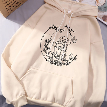 Mushroom Butterfly Moon Flower Prints Women Hoodies Autumn Pocket Streetwear Loose Casual Pullover Comfortable Fleece Hoody