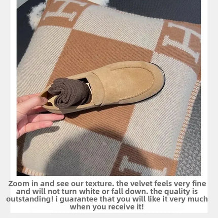 Retro British Style Velvet Surface Chunky Heel Slip-On Flats Women's Autumn Grape Mom Shoes round Toe Rubber Outsole Plain Color