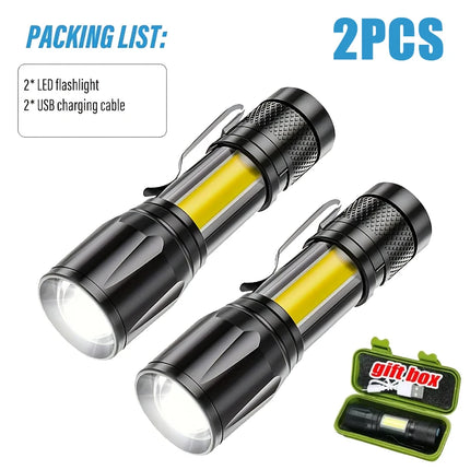 Mini LED Flashlight COB+XPE Portable Torch USB Charging Camping Lantern Zoomable Focus Light Tactical Flashlight with Pen Clip