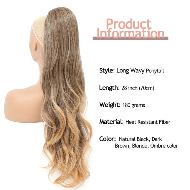 28 Inch Wavy Ponytail Extension 180g/pcs Synthetic Hair Ponytail Ombre Blonde Body Wave Ponytail Clip In Hair Ponytail For Women
