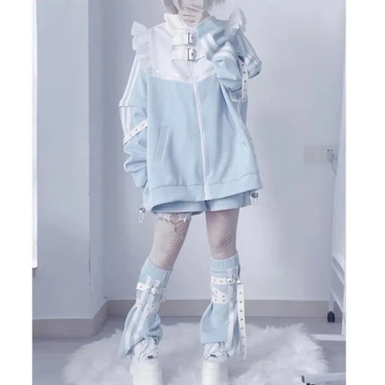 Japanese Subculture stitch Patchwork Hoodies Women's Autumn 2024 Ruffled Edge Harajuku Y2k Hoodie 2000s Loose Zipper Sweatshirts