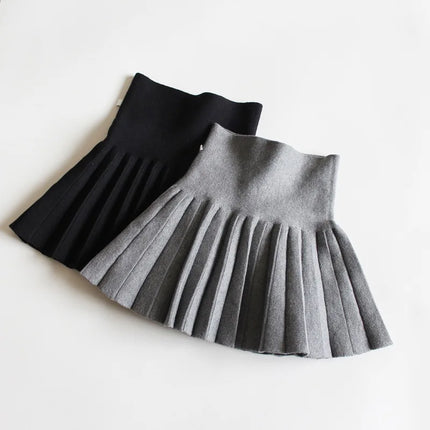 1pc Girls' Knit Skirt, Baby Autumn Winter Princess Pleated Skirts, Children's Student High Waist Mini Tutu Skirts, Kids Solid Dress