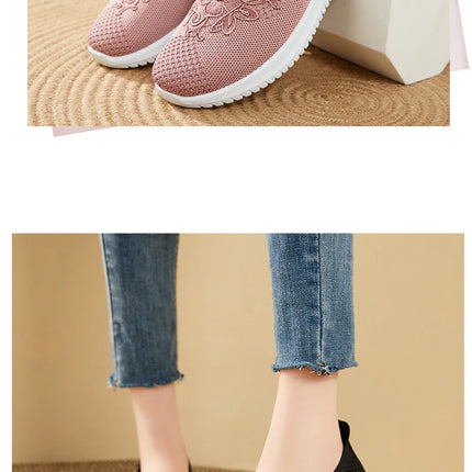 Women's Fashion Vulcanised Trainers 2025 Round Toe Breathable Flower Mesh Casual Flat Slip-On Women's Casual Vulcanised Shoes