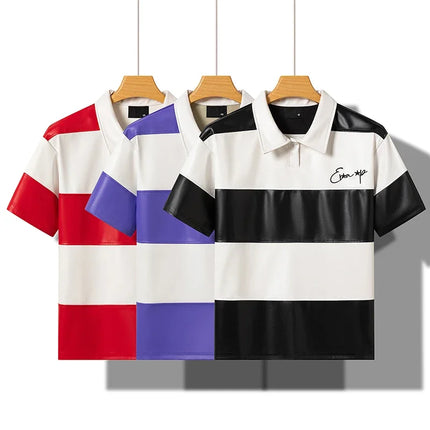Splice Color Stripe Pu Leather Lapel Collar T Shirt Black Purple Red Polo Shirt Men Women High Quality Casual Short Sleeve Tops