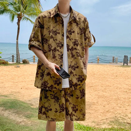 Loose Straight Leg Five-Quarter Beach Pants or Short Sleeve Printed Shirt Beach Travel Men's Fashion Floral Patterned Two-Piece Set