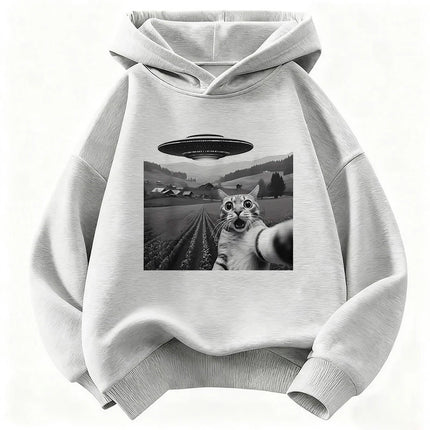 Funny Casual Ufo Cat Children's Sweatshirt Cute Harajuku Hoody for Boys Girls Autumn Spring Casual Hoodies