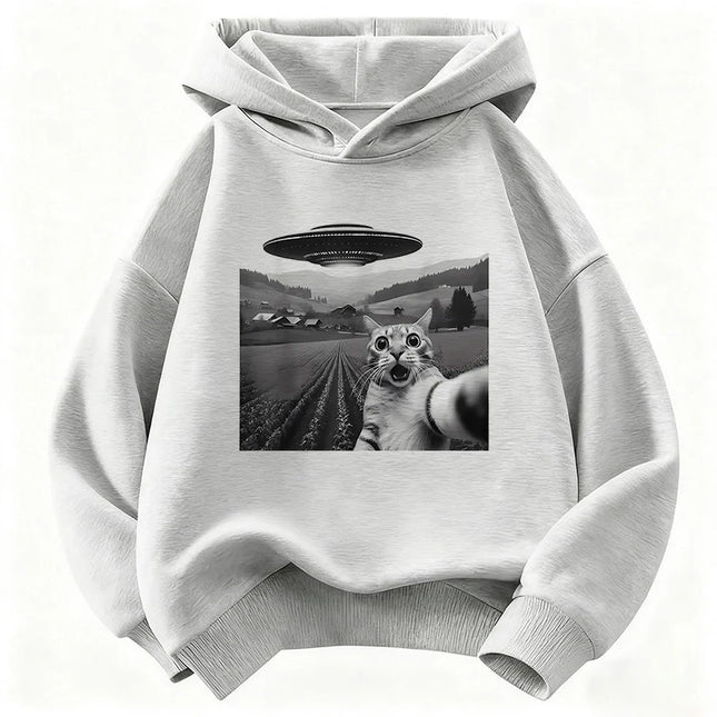 Funny Casual Ufo Cat Children's Sweatshirt Cute Harajuku Hoody for Boys Girls Autumn Spring Casual Hoodies
