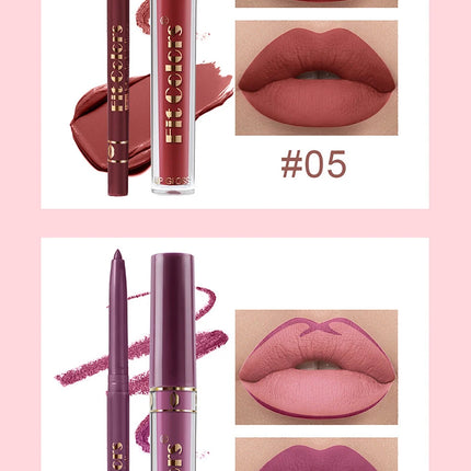 Matte Lip Gloss & Lipliner Pen Set Makeup Women Gift 24h Long-lasting Waterproof Non Stick Cup Mirror Lipstick Sexy Lips Makeup