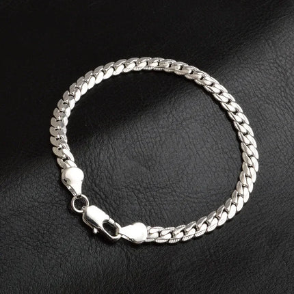 925 Sterling Silver Bracelet 6mm 18/20cm Flat Side Chain Lobster Clasp Bracelet For Woman Man Party Wedding Jewelry Holiday Gift