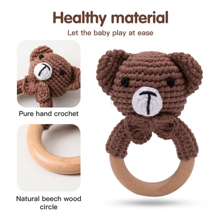 Set of 5 Handmade Crochet Animal Rattles Natural Beech Wood Rings Built in Bell Crisp Sound Teething Fine Motor Skills Baby Gift
