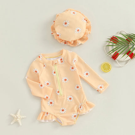 Baby Girls Swimsuit, Long Sleeve Flower Print Zipped Bikini with Hat Newborn Swimwear for Summer Bathing