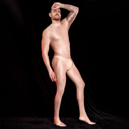 Sexy Men's Bodysuit Oil Shiny Glossy Tights Long Sleeves High Elastic Jumpsuits Exotic Leotard Thin Sheer Catsuit Body Stockings