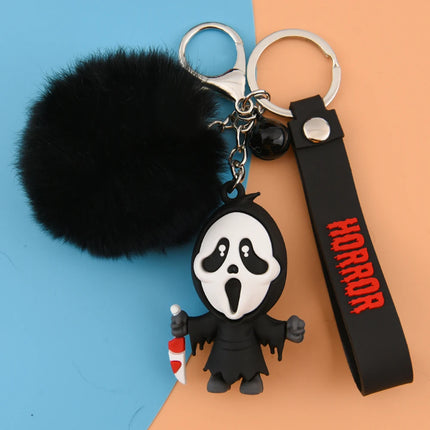 1pcs Creepy-Cute Horror Ghost Keychains With Black Fur Ball & Gothic Charm - Spooky Kawaii Keyring For Halloween Accessories