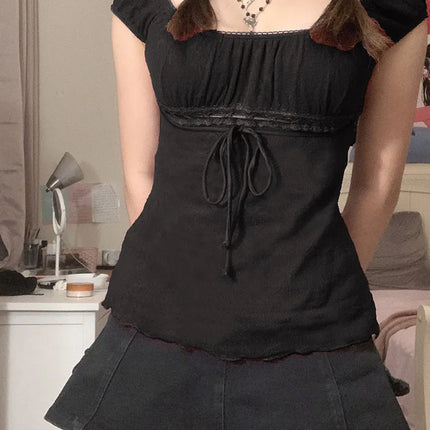 2000s Aesthetic Sweet Lace Tops Women Off Shoulder Drawstring T-shirt Korean Fashion Female Tee Fairy Grunge Streetwear