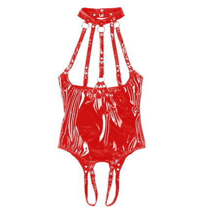 Women Latex Lingerie Teddy Bodysuit Club Dance Party Pornor Erotic Costume Wetlook Patent Leather Open Cup Crotch Open Leotard