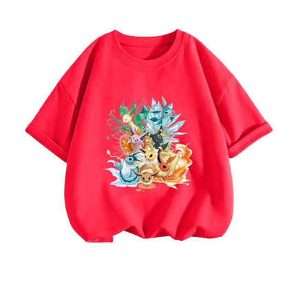 2026 Summer Pokemon Eeveelutions & Kirby Group Print T-Shirt, 100% Cotton Loose Casual Oversized Tee for Adults & Kids Y2k