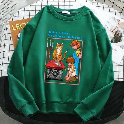 Y2K Funny Cat Pattern Comic Design Hoodies Warm Fleece Sweatshirt Soft O-Neck Pullover Casual Female Clothes