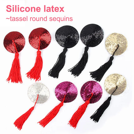 1 Pair Tassel Sequins Round Nipple Stickers Women Sexy Bra Nipple Cover Self Adhesive Reusable Wear Bra Pasties Chest Stickers