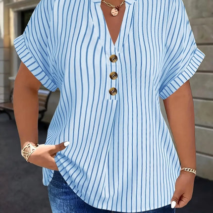 Spring Summer Plus-size Sleeve Shirt V-neck Buttoned Batwing Top Vertical Stripes Slim Fit Women's Autumn and winter innerwear
