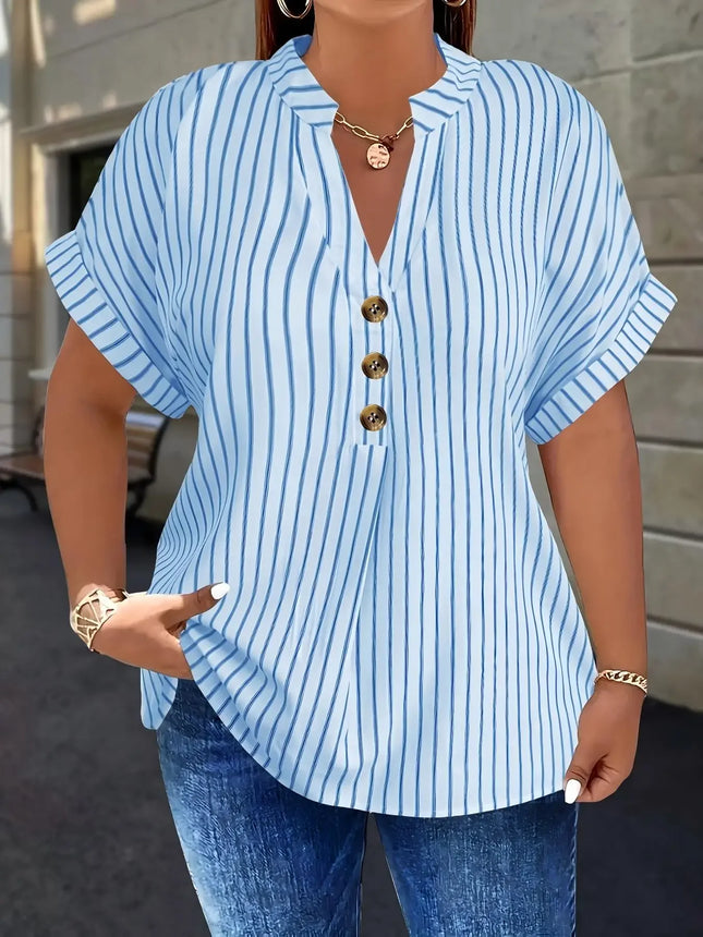 Spring Summer Plus-size Sleeve Shirt V-neck Buttoned Batwing Top Vertical Stripes Slim Fit Women's Autumn and Winter Innerwear