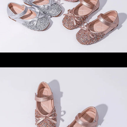 Kids Leather Shoe Spring Autumn Elegant Girls Party Shoes Fashion Sequins Bowtie Children Princess Shoes for Wedding Shallow