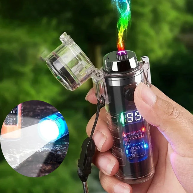 Waterproof Outdoor Camping Compass Dual Arc Type-C Plasma USB Electric Lighter Multi-Function Flashlight Survival Ignition Tool
