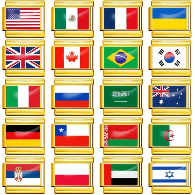 World Flag Range National Flag Bracelet Golden Module Italian Bracelet Charm Links Fit 9mm Stainless Steel DIY Making Jewellry