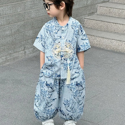 Short Sleeve Tops Shorts 2 Piece Set Boy Outfit Casual Kids Clothes Baby Tang Hanfu Suit Boys Costume Children's Sets Summer