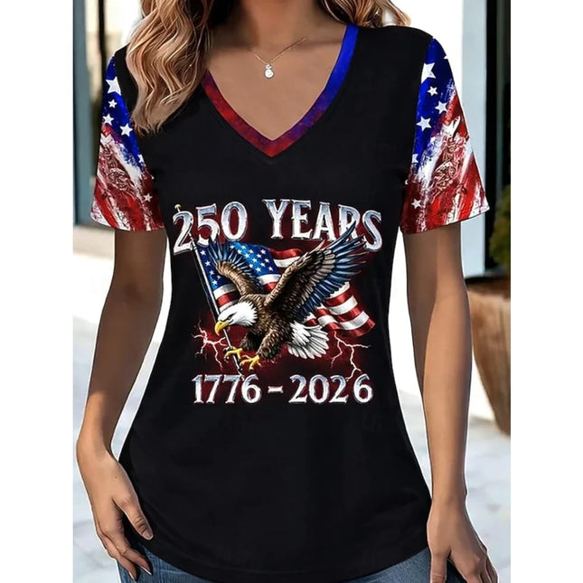 Women's T-Shirtamerican 250 Years USA 250th Anniversary Print Summer Women's Clothing Short Sleeve Shirt V-Neck Fashion Blouse