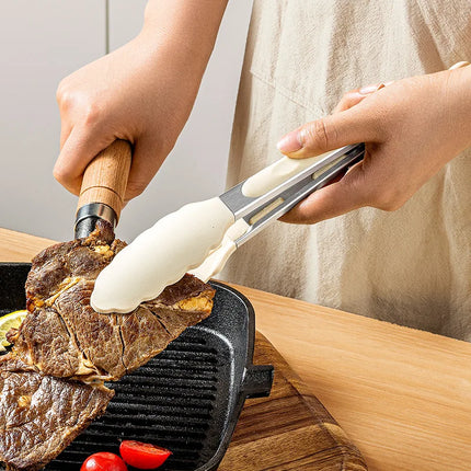 9-inch silicone food tongs Kitchen Grill stainless steel food grade silicone tip non-slip food tongs for BBQ salad breads
