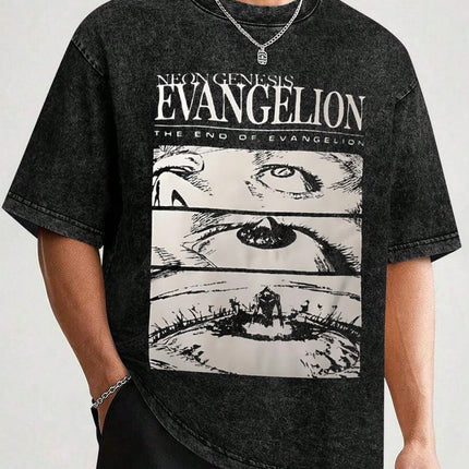New Century Evangelion EVA Anime Printed Four Seasons Vintage Cotton Washed T-shirt Harajuku Men's Top