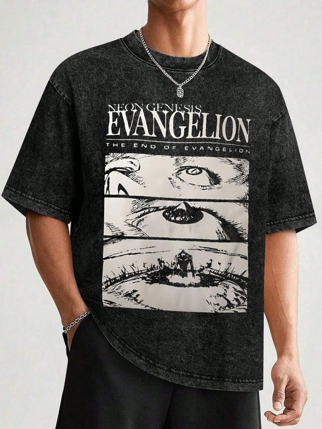 New Century Evangelion EVA Anime Printed Four Seasons Vintage Cotton Washed T-shirt Harajuku Men's Top
