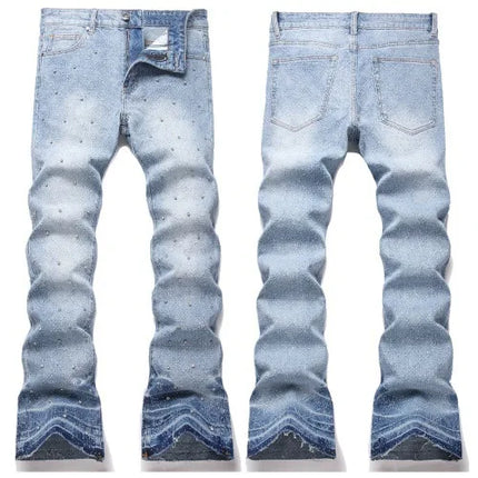 Denim Flare Pants Men Jeans Rhinestones Distressed Mid Waist Vintage Denims Male Washed Trousers Boot Cut 2026 Streetwear