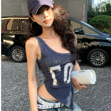 American High Street Hot Girl Slanted Collar Off-Shoulder Irregular Letter Print Camisole Vest Women's Retro Slit Top Y2K 2000s