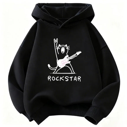 Vintage Rock Star with Music Cat Design Hoodie Kids Cat Children's Sweatshirt Hoody for Boys Girls Hip Hop Casual Hoodies