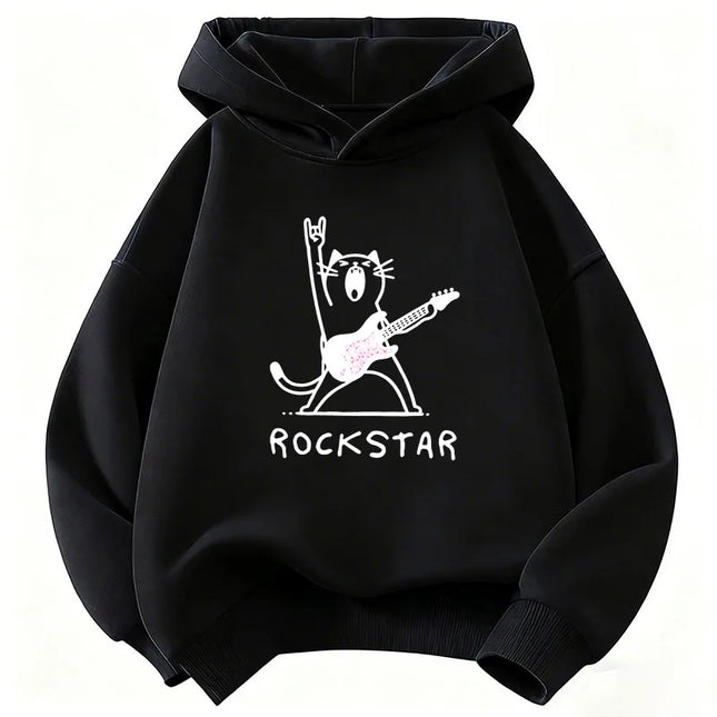 Vintage Rock Star with Music Cat Design Hoodie Kids Cat Children's Sweatshirt Hoody for Boys Girls Hip Hop Casual Hoodies