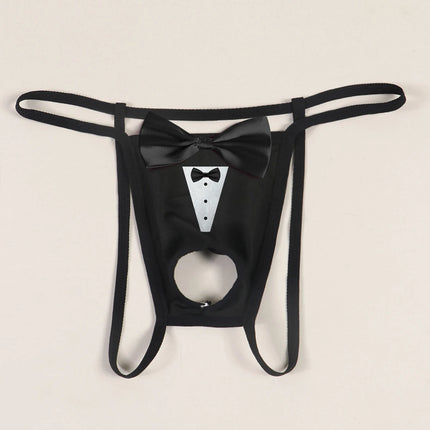 Men's Sexy Bow Decoration Thong Underwear with Fun Printed Breathable Soft Hollow Out Underwear