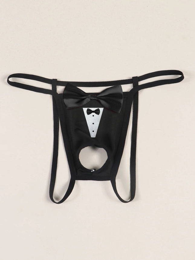 Men's Sexy Bow Decoration Thong Underwear with Fun Printed Breathable Soft Hollow Out Underwear