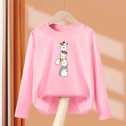 Childrens Spring Autumn T-shirt Human Pyramid Cat Cartoon Shirt Boys Girls Long Sleeved Top Cotton Clothing