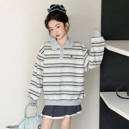 New Spring Children Long Sleeve Striped Cotton Polo Shirts for Teen Girls Casual Clothing School Kids Elegant Sweatshirt Coat