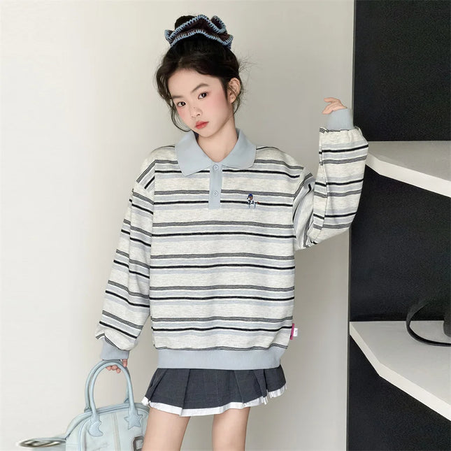 New Spring Children Long Sleeve Striped Cotton Polo Shirts for Teen Girls Casual Clothing School Kids Elegant Sweatshirt Coat